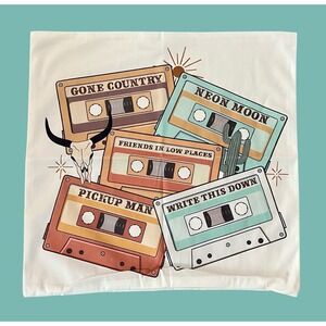 NEW Country Music Cassette Tape Pillow Cover Western Home Decor‎ 18x18"